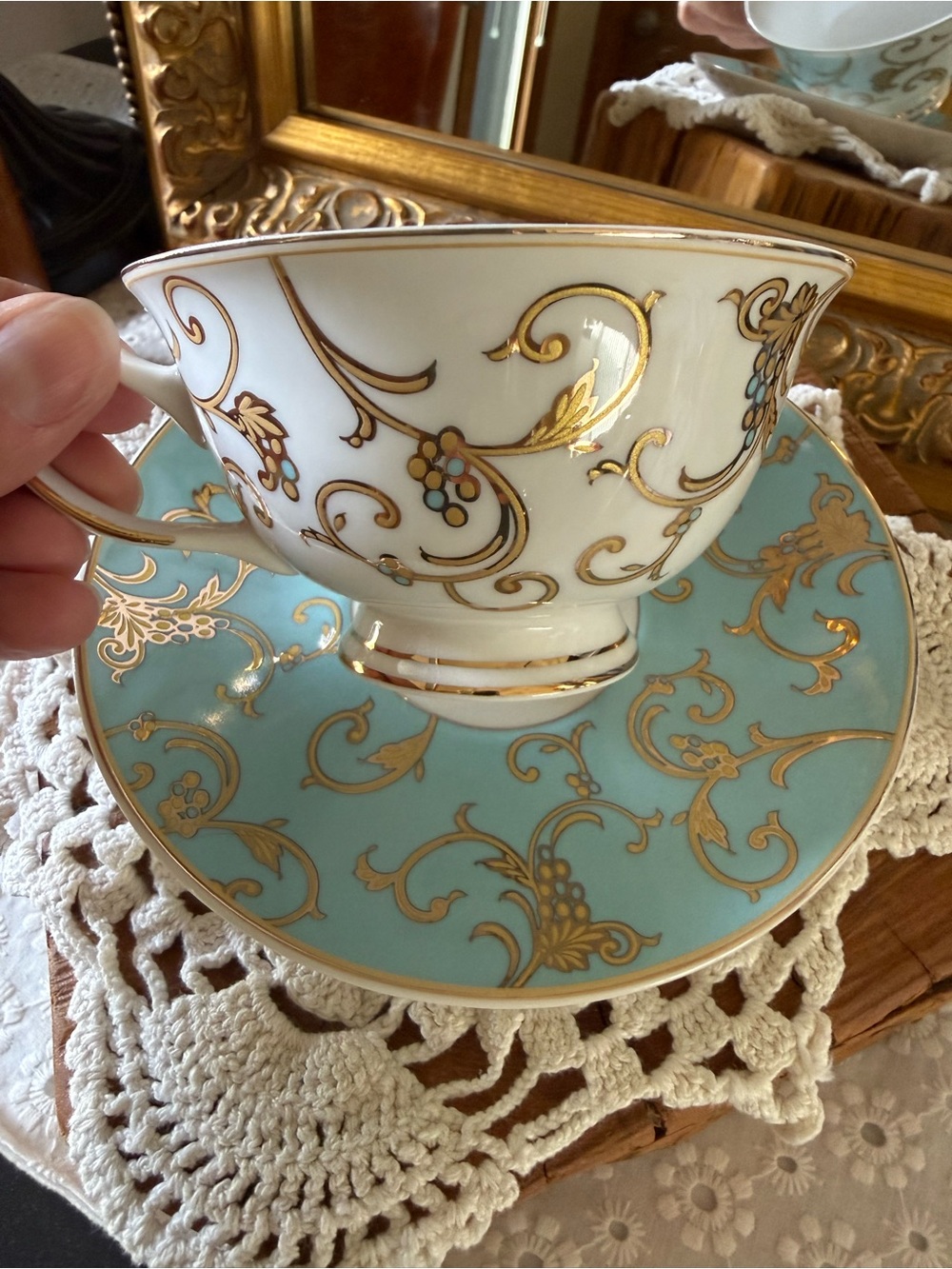 Grace Teaware Turquoise Gold Scroll Fine Porcelain Teacup & Saucer